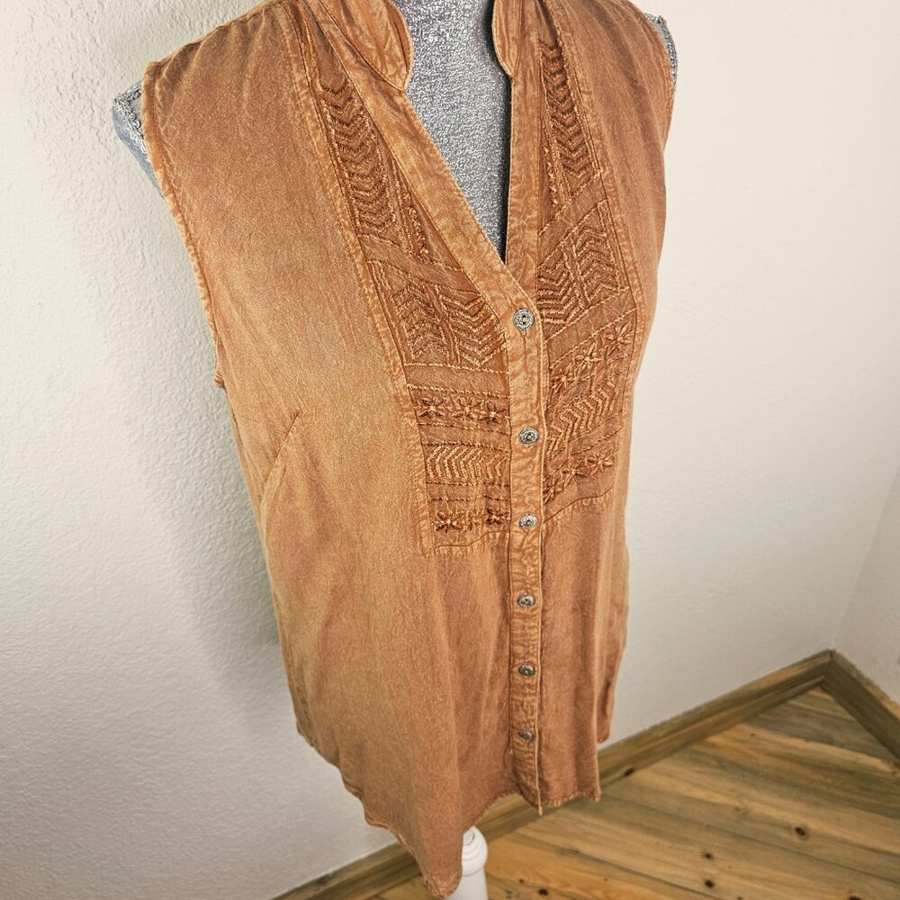 Back In the Saddle - Naila Button Sleeveless Top Brown Acid Wash Size Medium